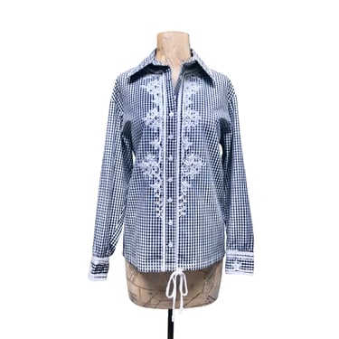 Vintage 1960s Anne Klein Black and White Cotton Gingham Blouse, 60s Soutache Ribbon Work Top w/Drawstring Waist, Medium 38