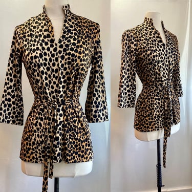 Vintage 70s 80s LEOPARD CHEETAH TOP + Sash Belt / Bell Bracelet Sleeves + V-neck / Teddi California 