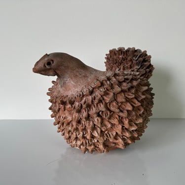 1980's Vintage Organic Folk Art Terracotta Hen - Chicken Sculpture 
