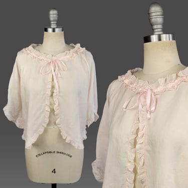 1930s Bed Jacket / Pale Pink Silk Ruffle Tie Top / Size Large XL Extra Large 