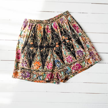 high waisted shorts | 80s 90s vintage black rainbow Indonesian batik floral elastic waist cotton dyed shorts 