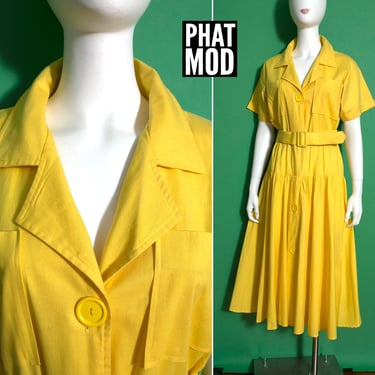 Happy Yellow Vintage 80s Safari Vibes Cotton Linen Dress with Matching Belt 