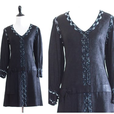 1960s black brocade drop waist dress with sequins trim 