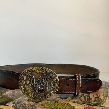 Vintage Distressed Stitched Brown Genuine Leather Eagle Buckle Belt - L 