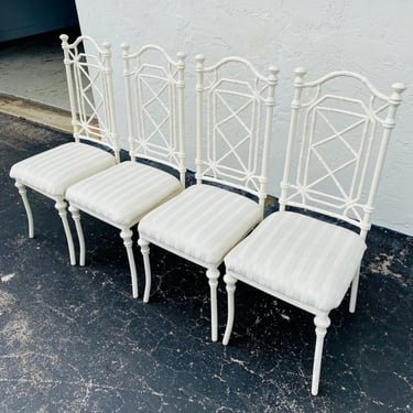 Set of 4 Vintage Metal Faux Bamboo Chairs - Hollywood Regency Fretwork Palm Beach Aluminum Patio Furniture 