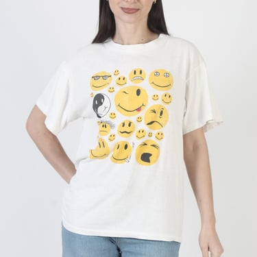 Vintage Smiley Face T-Shirt, White Single Stitch Tee, Emoji Novelty Top 