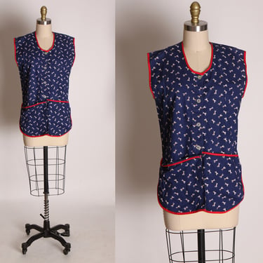 1970s Novelty Blue, Red and White Dog Print Sleeveless Button Up Pocketed Blouse -M 