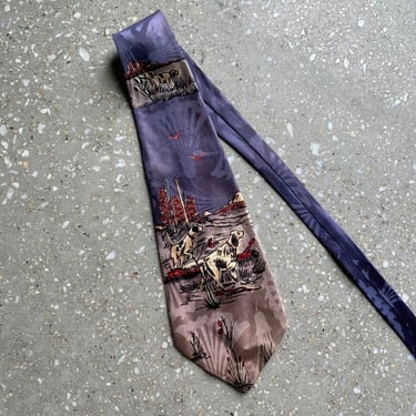 Vintage 1940s Necktie / 1940s Duck Hunt Scene Neck Tie / Silk Necktie / 1940s Menswear Tie 