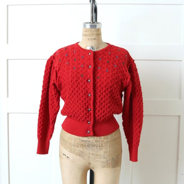 vintage red wool cardigan • embroidered Geiger Austria knit wool sweater with bishop sleeves • folkloric 1940s style 