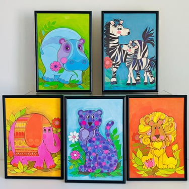 Vintage 1970s Rainbow Zoo Animals J. Hand MOD Flower Power Wall Art Prints  LOT Framed Lion Zebra Hippo Leopard Elephant 