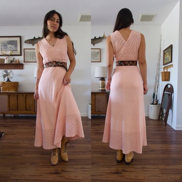 Vintage 60's Handmade Knitted Pink Maxi Dress 