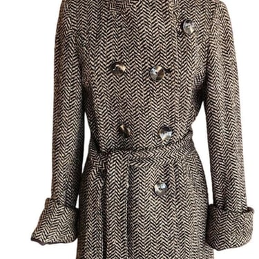 Vintage Y2K Houndstooth Coat Gray Herringbone Wool Large Collar Ellen Tracy / M 