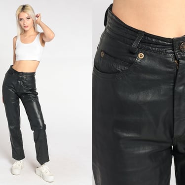Black Leather Pants 90s Leather Trousers High Waisted Straight Leg Deerskin Trading Post Punk Club Party Rocker Vintage 1990s Small S 26 