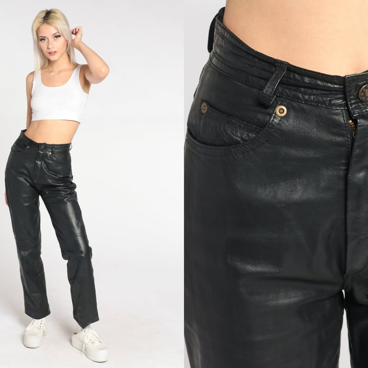 パンツ 90s vintage black leather straight pant xs2x