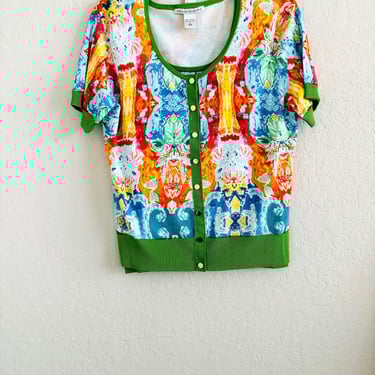 Vintage Peter Nygard Green Orange Art To Wear 2 Piece Sweater Set Size Small 