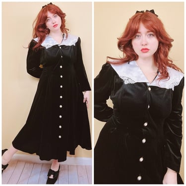 1990s Vintage Ultra Dress Large White Collar Wednesday / 90s Goth Velvet Fit and Flared Dress / XL 