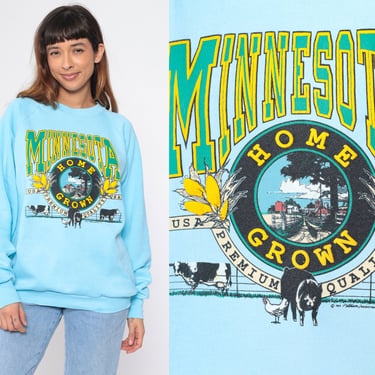 Vintage Minnesota Sweatshirt 80s Home Grown Farm Animal Graphic Sweatshirt Pig Cow Chicken Blue Pullover Crewneck Retro Raglan 1990s Large 
