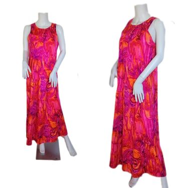 1960's Fuchsia Pink Tie Dye Long Hawaiian Maxi Dress I Sz Med 