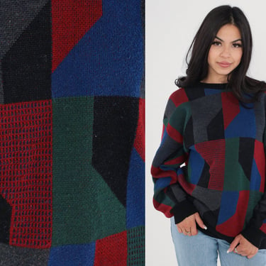 Geometric Sweater 80s Wool Silk Blend Knit Pullover Sweater Retro Checkered Grunge Crewneck Blue Red Grey Green Black Vintage 1980s Large 