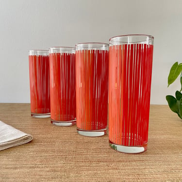 Vintage Orange and Red Striped Tall Tumblers Highball Cocktail Glasses - Set of 4 