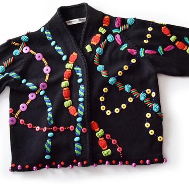 Michael Simon Medium Bright Beaded Cardigan Sweater Black Vintage 1991, 90's Ramie Designer Collectable 