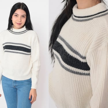 Striped Turtleneck Sweater 80s Off-White Black Grey Pullover Knit Sweater Retro Seventies Knitwear Acrylic Vintage 1980s White Stag Small 