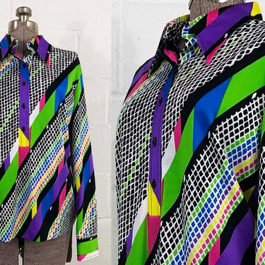 Vintage Rainbow Kay Silver Top Shirt Blouse Long Sleeved Half Button Front Dagger Collar Abstract Striped Dot 1960s 1970s Large 