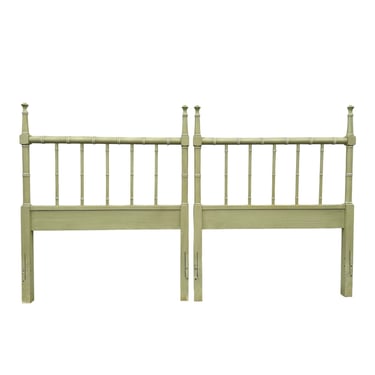 Faux Bamboo Twin Headboards by Henry Link Bali Hai - Set of 2 Vintage Sage Green Spindle Post Hollywood Regency Coastal Furniture Pair 