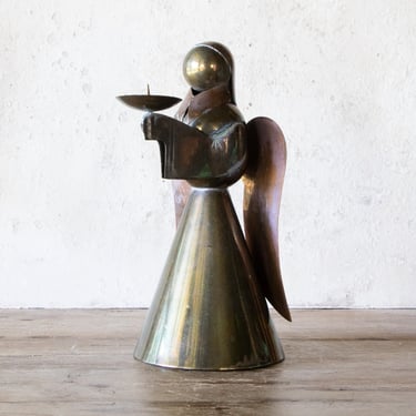 9" Tall Brass & Copper Angel Candle Holder, Vintage Christmas Angel Votive Tea Light Candle Holder 