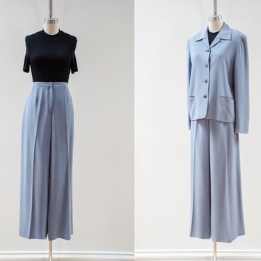 blue silk suit | 90s y2k plus size vintage Jones New York dark academia powder blue silk high waisted pants wide leg trousers blazer 