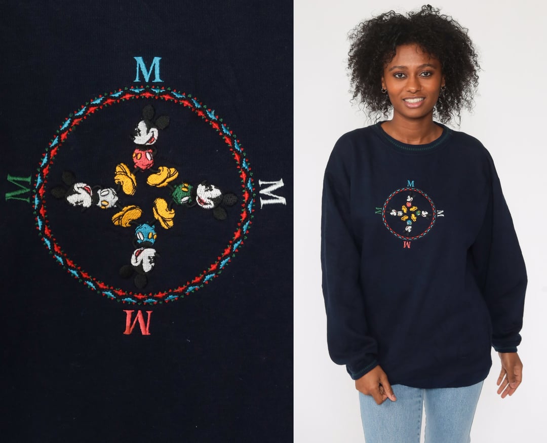 Vintage 90s Disney Mickey Unlimited pullover fleece v neck sweater blue Sz Large fashion