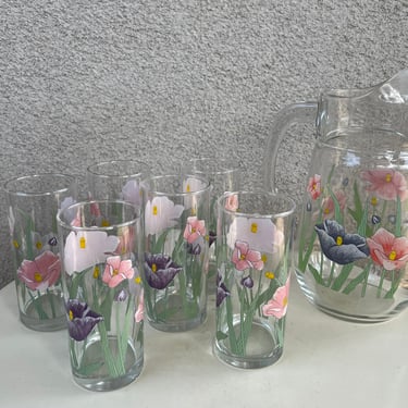 Vintage pitcher 6 glasses set poppy flower theme by Pasabahce Circleware 