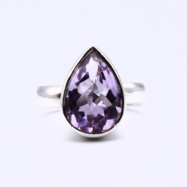 80's lilac spinel 925 silver size 6.5 solitaire, big simple purple teardrop in sterling ring 