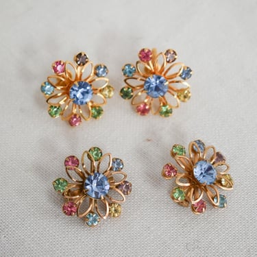 1960s Pastel Rhinestone Scatter Pin and Screw Back Earrings Set 