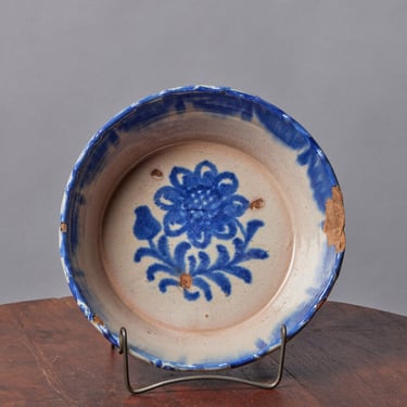 Medium 19th Century Spanish Blue & White Paience Bowl with Floral Design