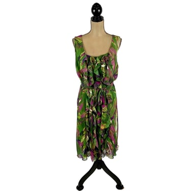 XL- Y2K Plus Size Tropical Dress, Summer Scoop Neck Midi Sleeveless Chiffon Ruffle Dress Tie Belt, 2000s Clothes Women ROBBIE BEE Size 16 