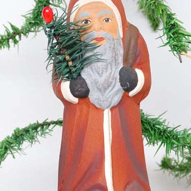 Vintage Hand Made German Ino Schaller Signed Belsnickle Santa with Feather Christmas tree, Old Paper Mache 