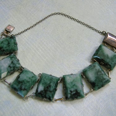 Antique Art Deco Silver Nephrite Jade Bracelet, 1930's Silver Jade Bracelet, Siler and Jade Geometric Bracelet (#4395) 