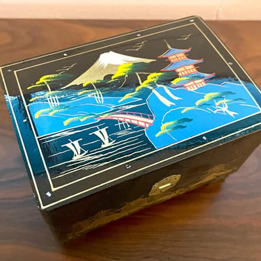 1950s Japanese Mt Fuji Black Lacquer Musical Jewelry Box 