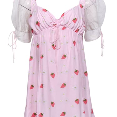 For Love & Lemons - Pink Floral & Strawberry Print Mini Dress w/ Polka Dot Puff Sleeves Sz L