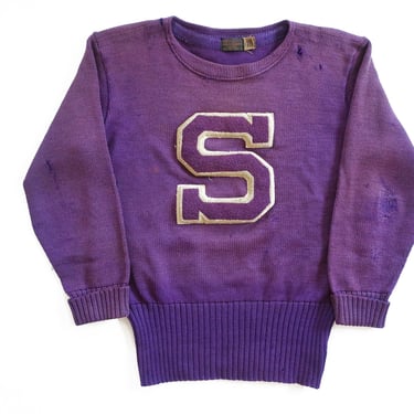 varsity sweater / letterman sweater / 1940s Wilson sun faded purple collegiate wool knit letterman sweater Medium 