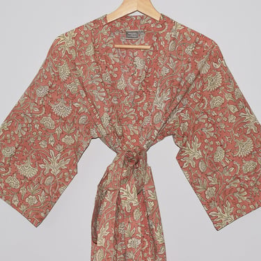 Hand Block Printed Kimono Robe, India Wood Block Print, Lightweight Cotton Robe, Bathrobe, Cotton Dressing Gown, Coverup, Pink Floral Print 