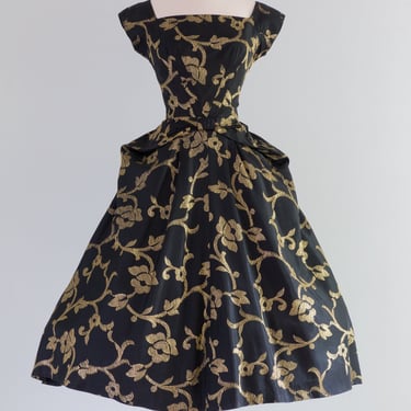 Spectacular 1950's Gold Embroidered Black Taffeta Party Dress By Emma Domb / Waist 26