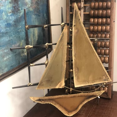 Vintage MCM Metal Welded Gold/Bronze Colored Ship Artwork Decor Mid Century Modern Deco Retro Brutalist Sea Boat Wall 