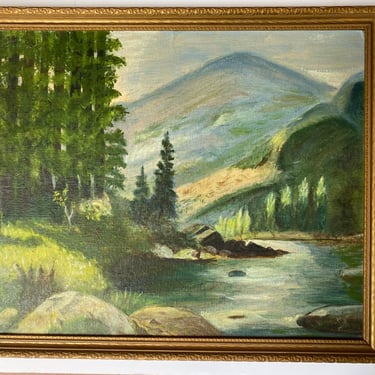 Vintage Mountain Stream Framed Oil Painting By John Ballard Jr., Landscape, Mountains, Stream, Evergreens 
