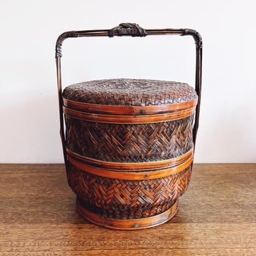 Vintage Chinese Nested Bamboo and Wicker Basket 