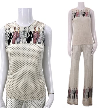 70s Deco Lady Print bell bottoms outfit set S-M / vintage 1970s nylon jersey flares pants & top Suit 