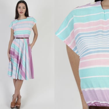 Vintage 80s Pastel Striped Dress, Draped Button Shoulder Closure, Summertime Theme Full Skirt Easy Mini 