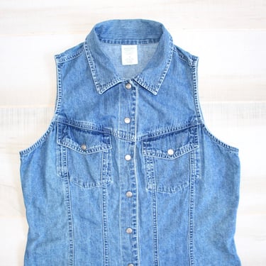 Vintage 90s Denim Shirt, 1990s Jean Shirt, Button Up, Collar, Pearl Snap, Western, Sleeveless 
