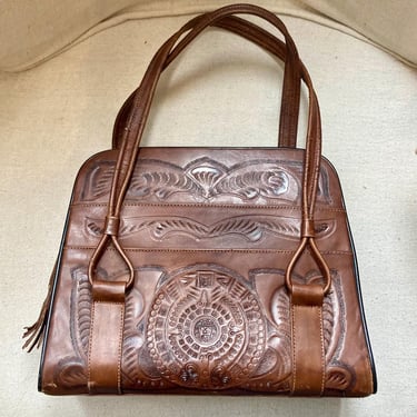 Vintage TOOLED Leather Purse / 40s 50s Tooled Leather Hand Bag / MEXICAN Mayan Calendar Side + Floral Side / Many Pocket Options / Large 